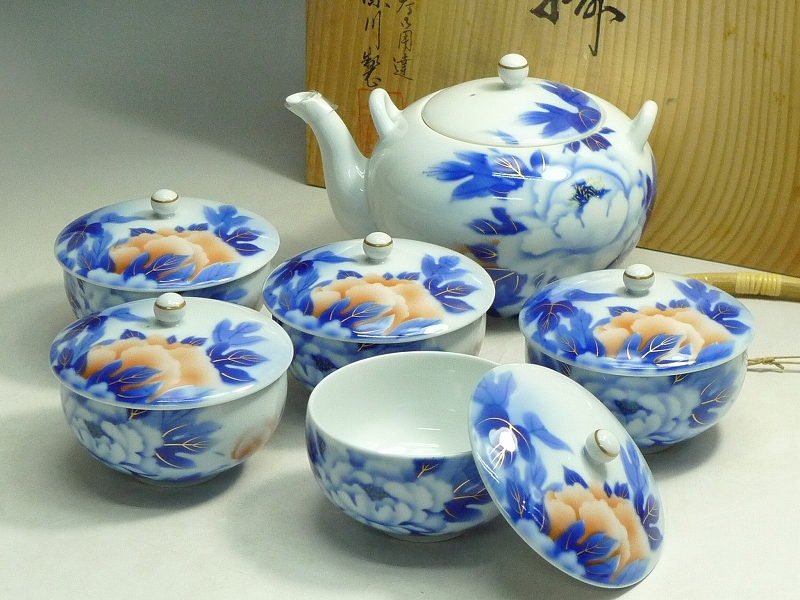102832/09▲美术有田焼 深川谨制茶器揃 上手急须盖付汤呑茶碗/茶器